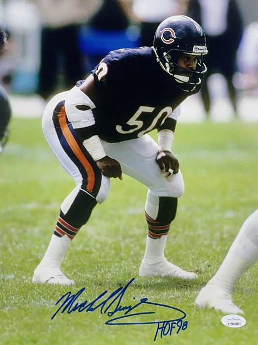 Mike SIngletary Autographed Chicago Bears HOF 98 Inscribed Hands On Knees 11x14 JSA