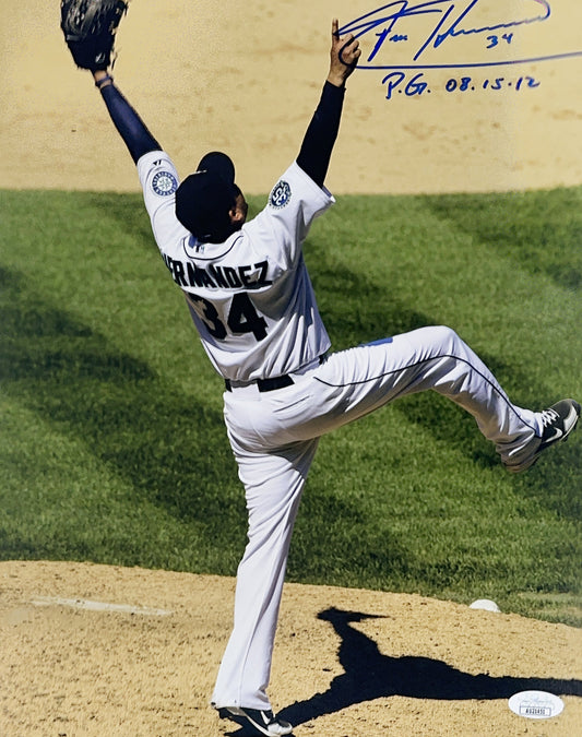 Felix Hernandez Autographed Seattle Mariners "P.G. 08.15.12" Inscribed Vertical Celebration 11x14 JSA