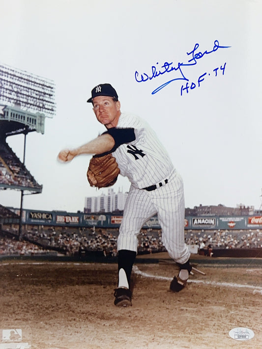 Whitey Ford Autographed New York Yankees "HOF 74" Inscribed Throw Vertical 11x14 JSA
