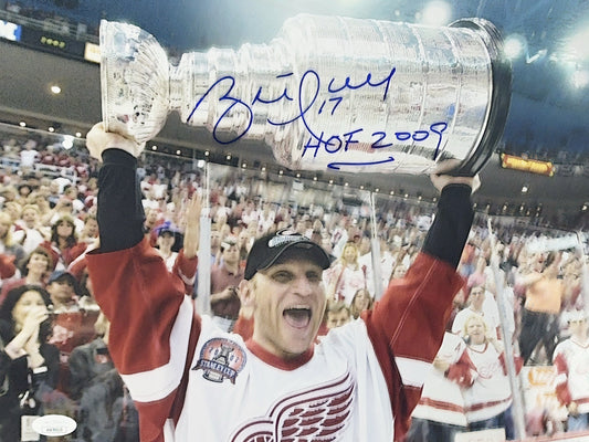 Brett Hull Autographed Detroit Red Wings Hoisting Trophy HOF 2009 Inscribed 11x14 JSA