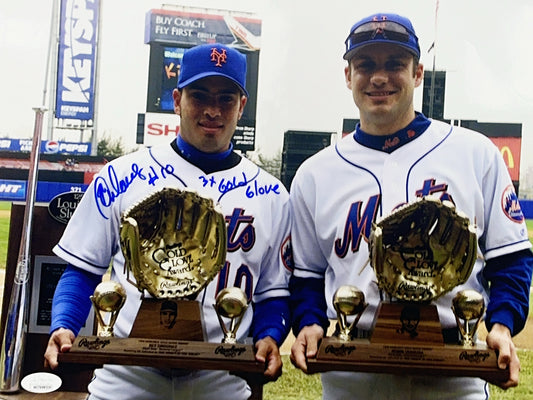 Ray Ordonez Autographed New York Mets Holding Trophy 3x Gold Glove Inscribed 11x14 JSA