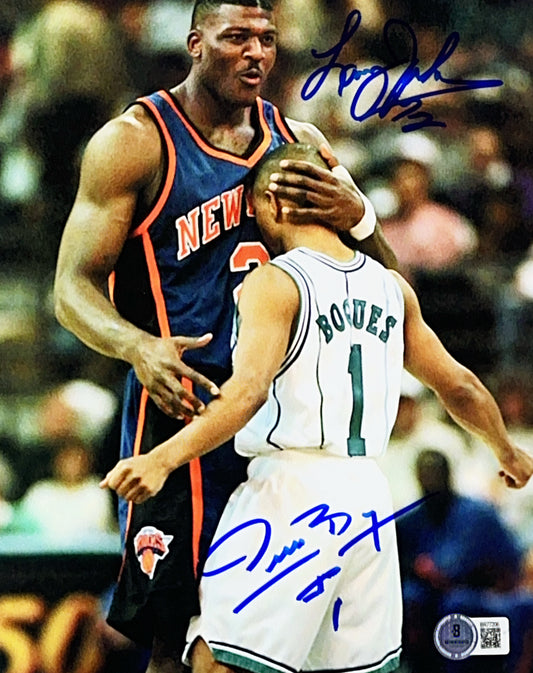 Larry Johnson & Muggsy Bogues Autographed Knicks Hornets LJ Hugging Muggsy 8x10 Beckett