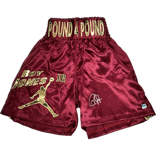 Roy Jones Jr Autographed Burgundy Pound 4 Pound Boxing Trunks ASI Proof