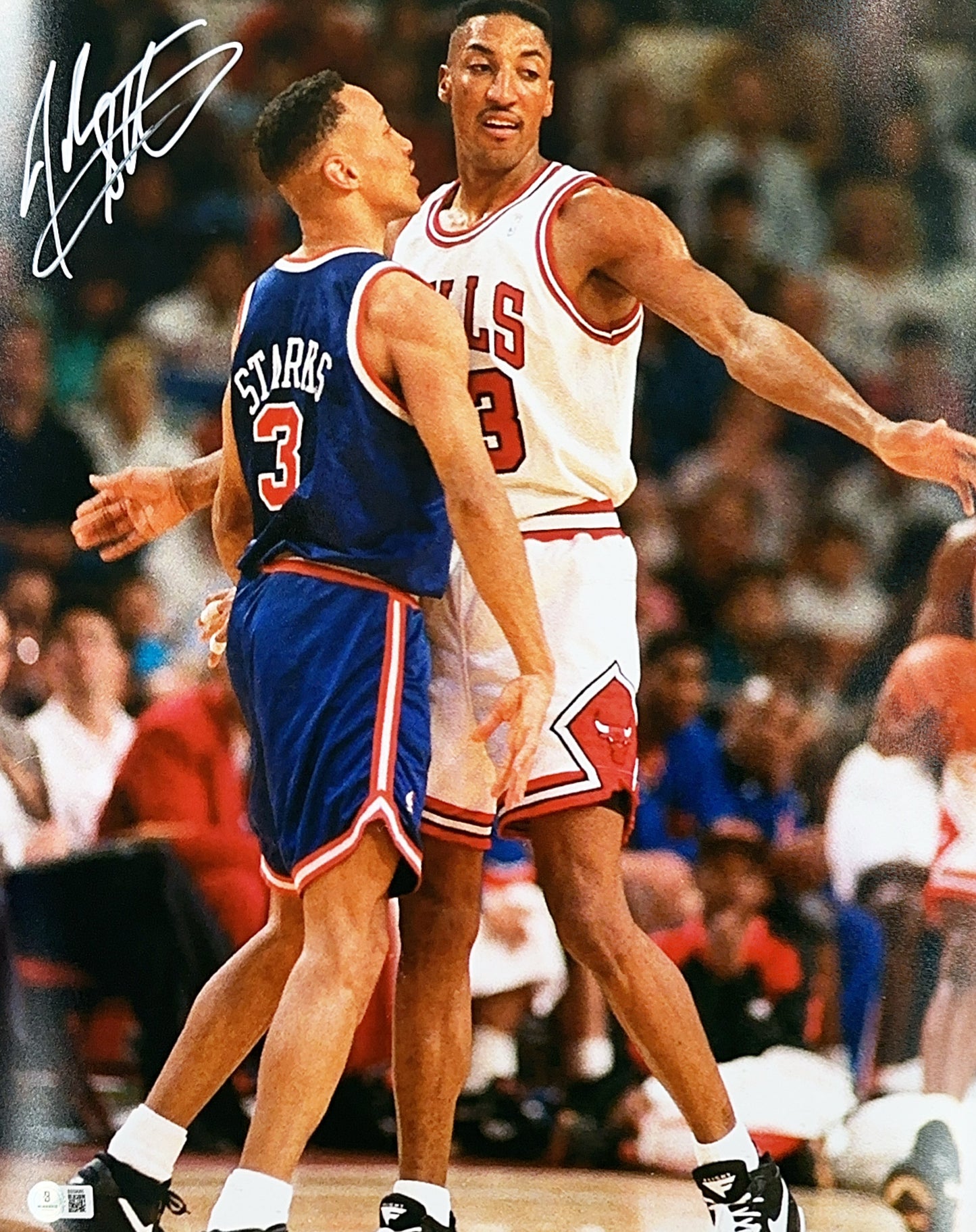 John Starks Autographed New York Knicks Vs. Dennis Rodman 16x20 Beckett BAS