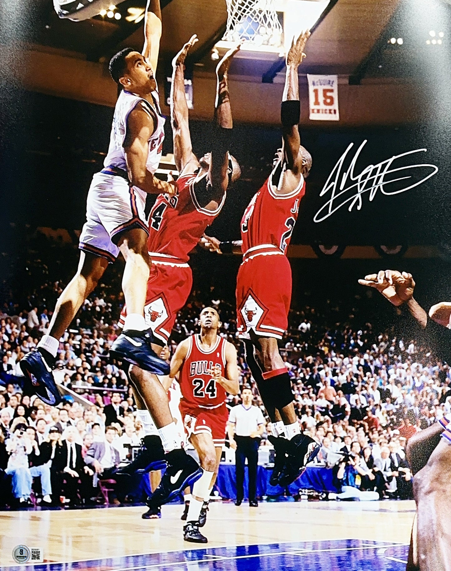 John Starks Autographed New York Knicks The Dunk Colored 16x20 Beckett BAS