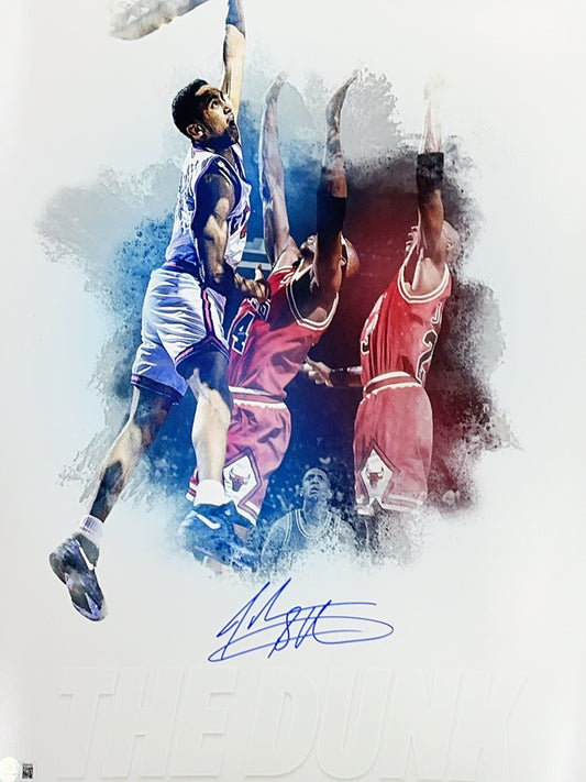 John Starks Autographed New York Knicks The Dunk White Edit 16x20 Beckett BAS