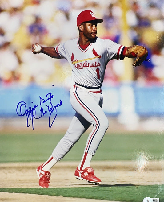 Ozzie Smith Autographed St. Louis Cardinals "The Wizard" Inscribed Throw 11x14 Photo Signed Beckett BAS