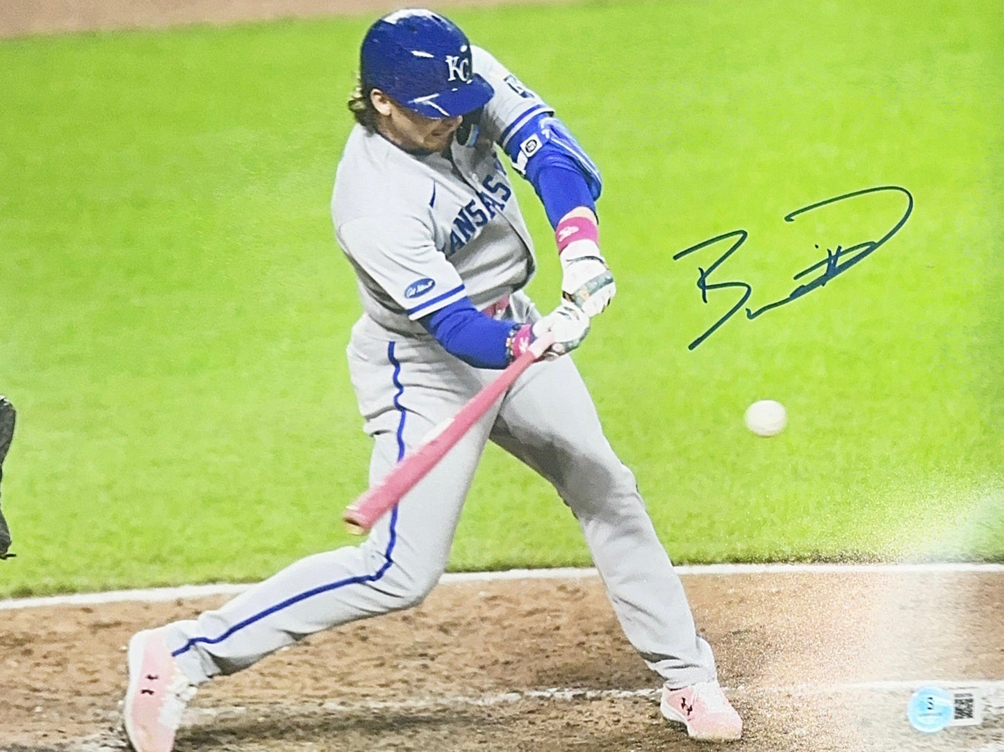 Bobby Witt Jr. Autographed Kansas City Royals Pink Bat Swing Grey Jersey 11x14 Photo Beckett BAS COA