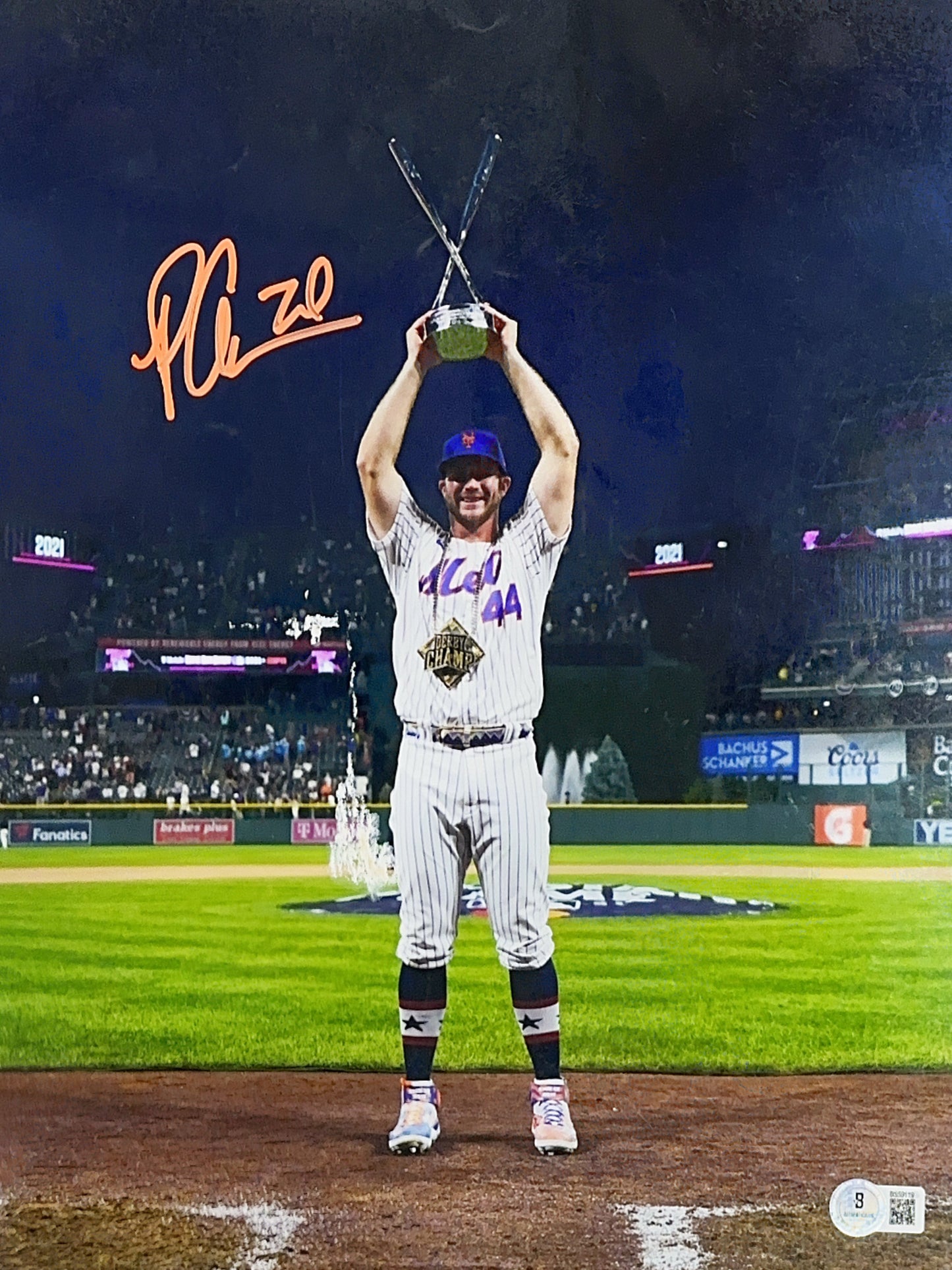 Pete Alonso Autographed New York Mets Home Run Derby Trophy 11x14 Photo Beckett BAS
