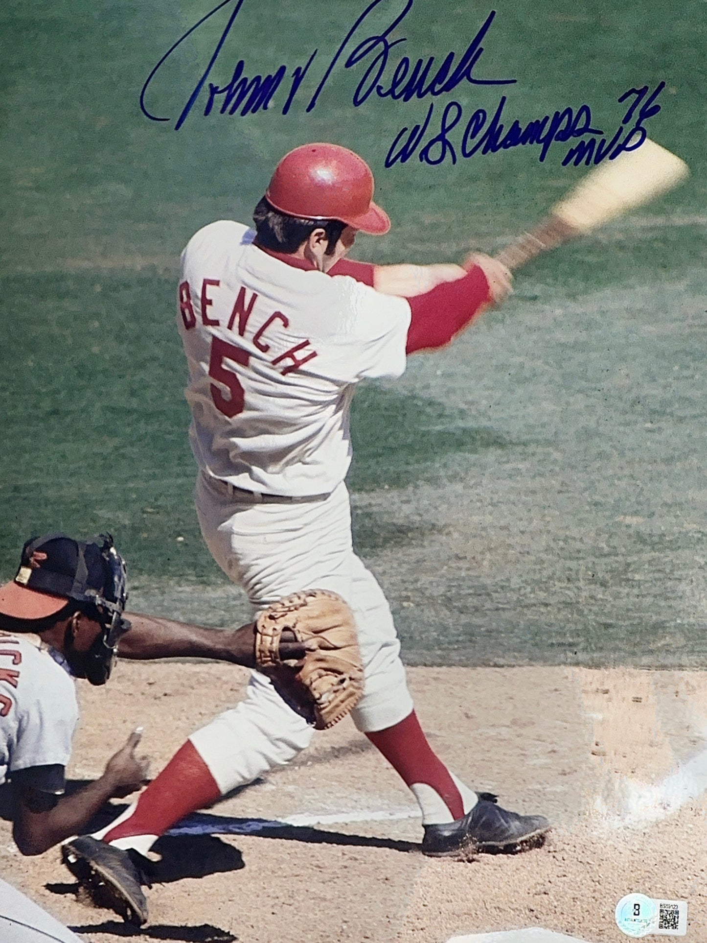 Johnny Bench Autographed Cincinnati Reds "WS CHAMPS 76 MVP" Inscribed 11x14 Photo Beckett