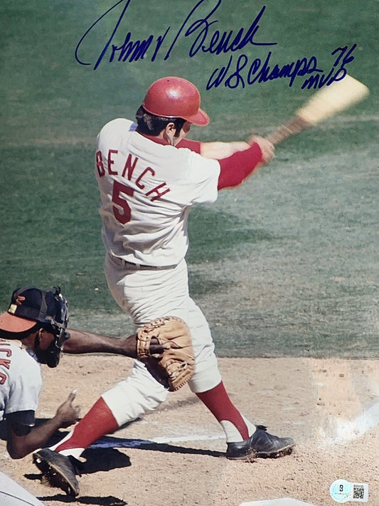 Johnny Bench Autographed Cincinnati Reds "WS CHAMPS 76 MVP" Inscribed 11x14 Photo Beckett