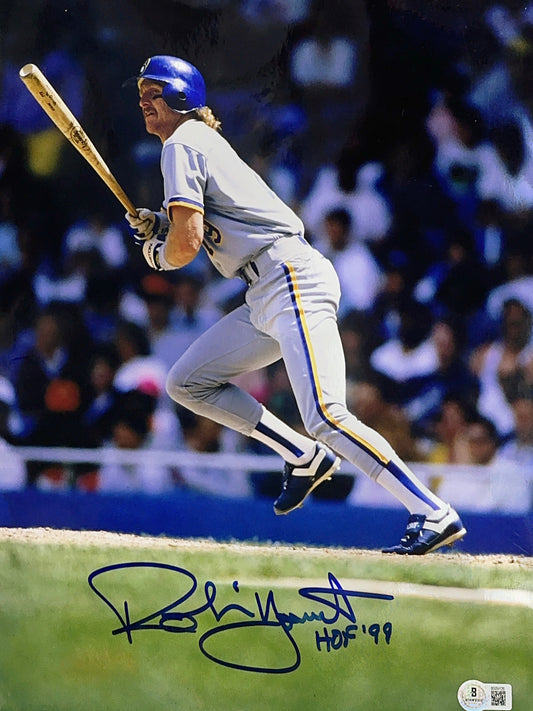 Robin Yount Autographed Milwaukee Brewers Grey Jersey Run 11x14 Photo Beckett