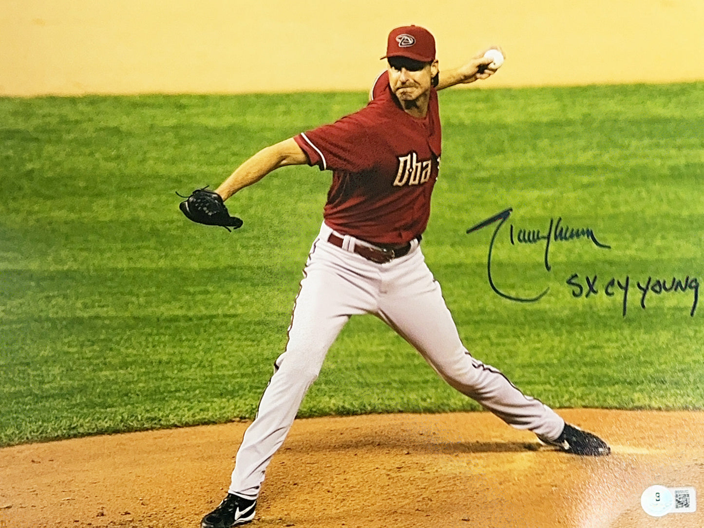 Randy Johnson Autographed Arizona Diamondbacks Pitch Stretch "5x Cy Young" Inscribed 11x14 Beckett
