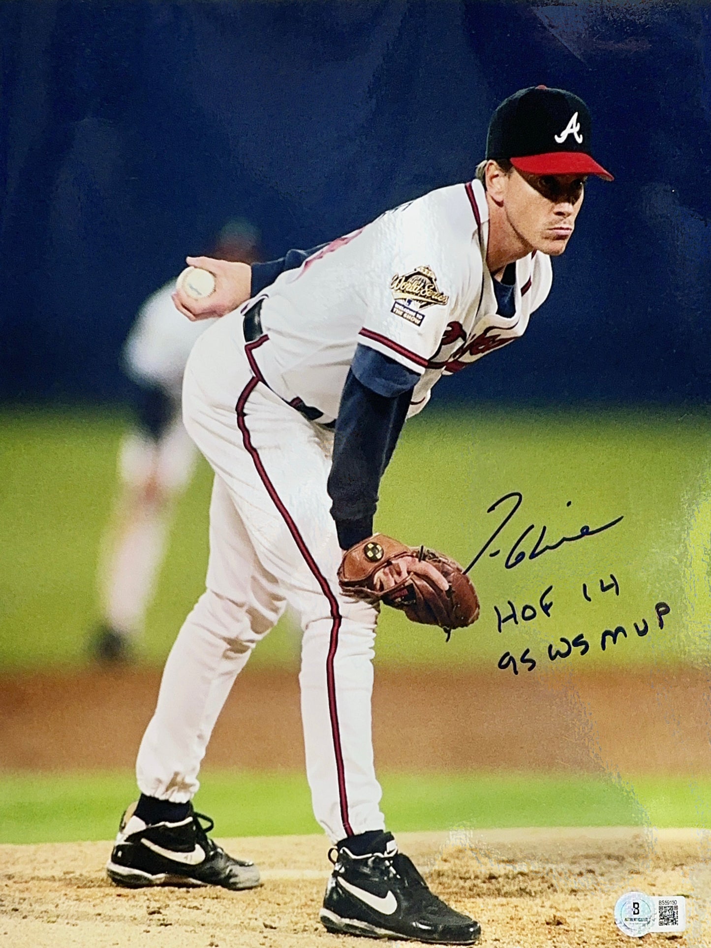 Tom Glavine Autographed Atlanta Braves Stare "HOF 14, 95 WS MVP" Inscribed 11x14 Beckett