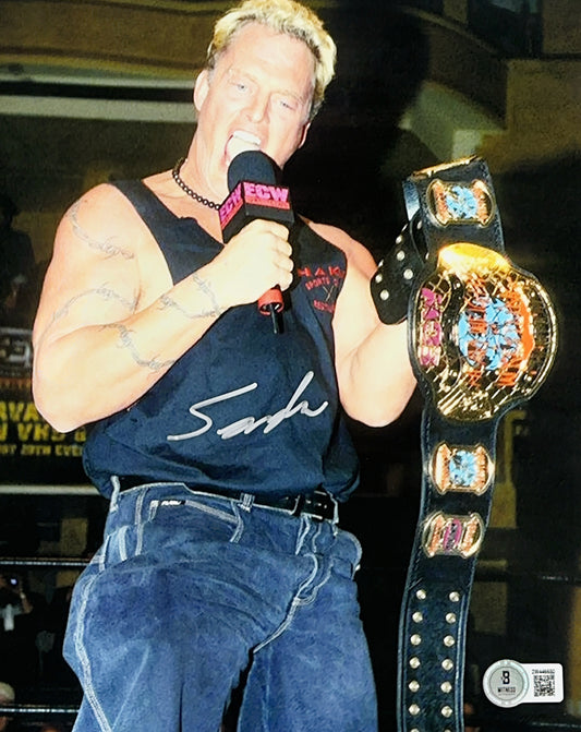 Sandman Autographed ECW Holdin Belt With Microphone 8x10 Beckett