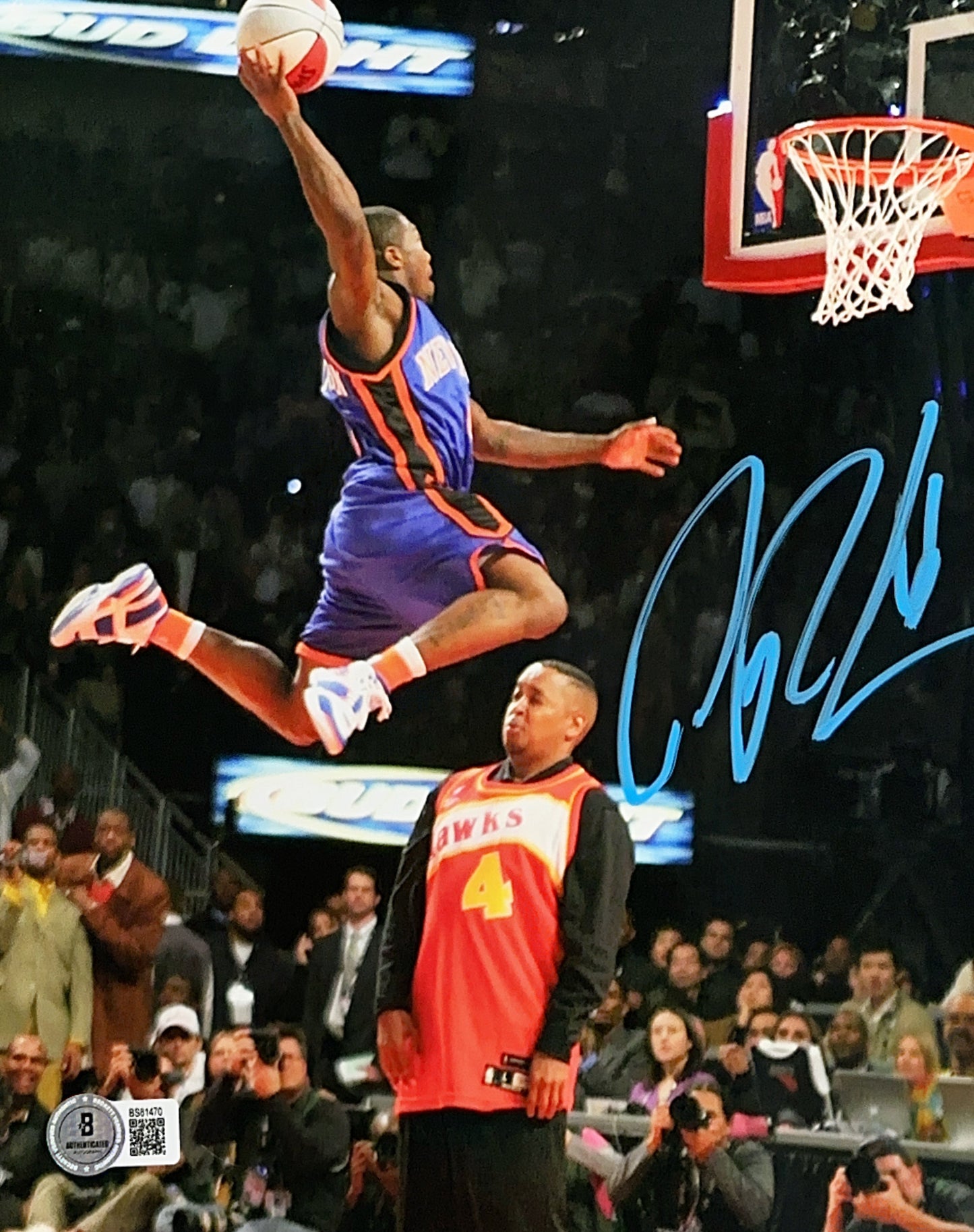 Nate Robinson Autographed New York Knicks Dunk Over Spud Webb Blue Ink 8x10 Beckett