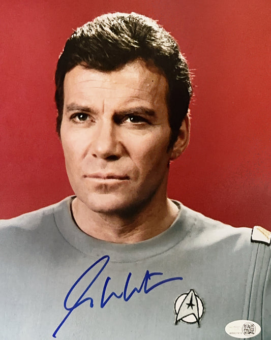 William Shatner Autographed Star Trek Red Background Headshot 8x10 Photo JSA