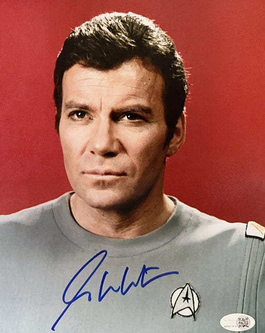 William Shatner Autographed Star Trek Red Background Headshot 8x10 Photo JSA