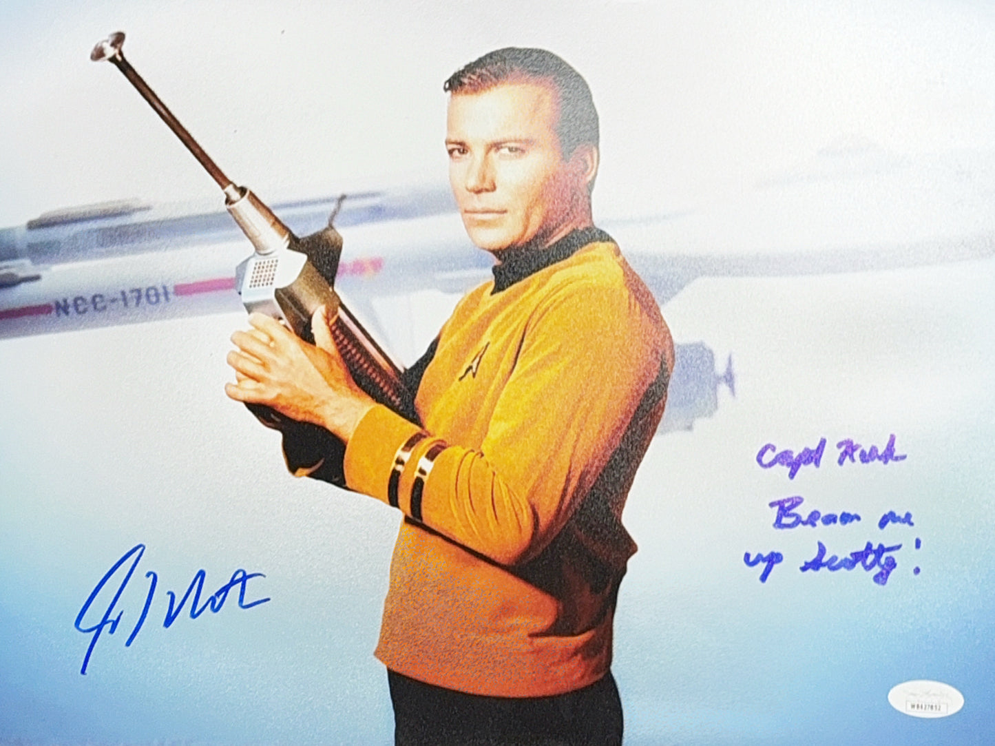 William Shatner Autographed Star Trek "Beam Me Up Scotty" Inscribed Gun Ship Background Horizontal 11x14 JSA