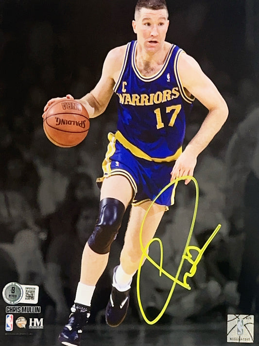 Chris Mullin Autographed Golden State Warriors Spotlight Dribbling Blue Jersey 8x10 Beckett