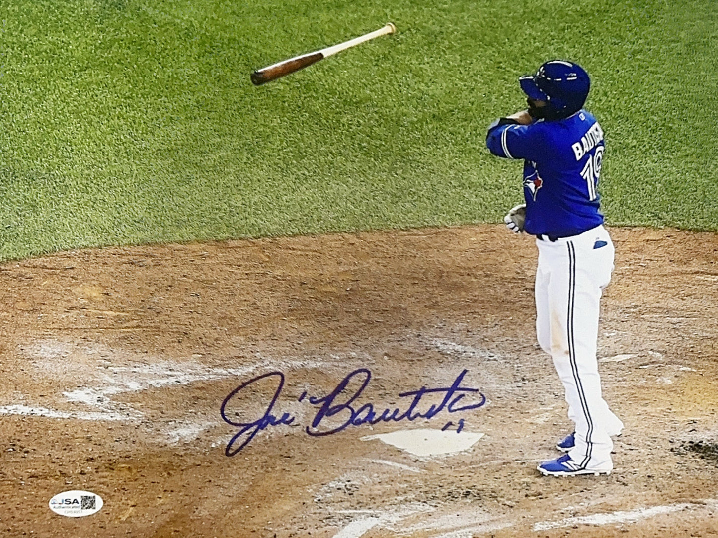 Jose Bautista Autographed Toronto Blue Jays Bat Flip 11x14 Photo JSA