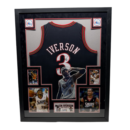 Allen Iverson Autographed Philadelphia 76’ers Black Art Jersey Beckett - Red Suede Elite Framed