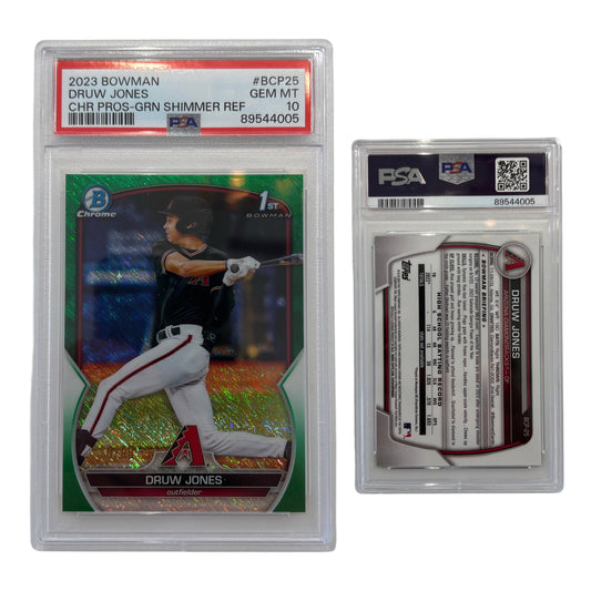 2023 Druw Jones Bowman Chrome Prospects Green Shimmer Refractor /99 #BCP25 PSA GEM MT 10