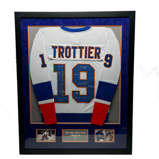 Bryan Trottier Autographed New York Islanders White Jersey "HOF 97, Stanley Cups 80 81 82 83, 524 Goals, NHL 100, Calder Rookie of the Year 1976, Conn Smythe Playoff MVP 1980, Art Ross Scoring 1979, Hart League MVP 1979" Inscription Framed Steiner CX