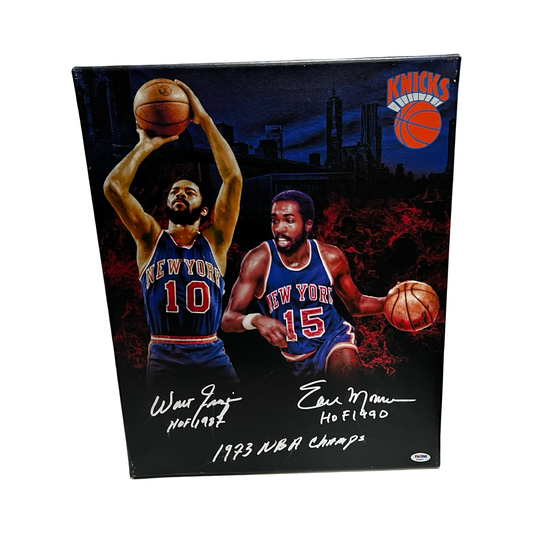 Walt Frazier & Earl Monroe Autographed New York Knicks 16x20 Canvas "1973 NBA Champs" PSA