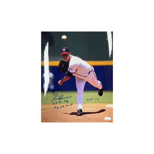 Tom Glavine Autographed Atlanta Braves Mid Pitch 11x14 "CY 91, 98, 95 WS MVP & HOF 14" Inscriptions JSA