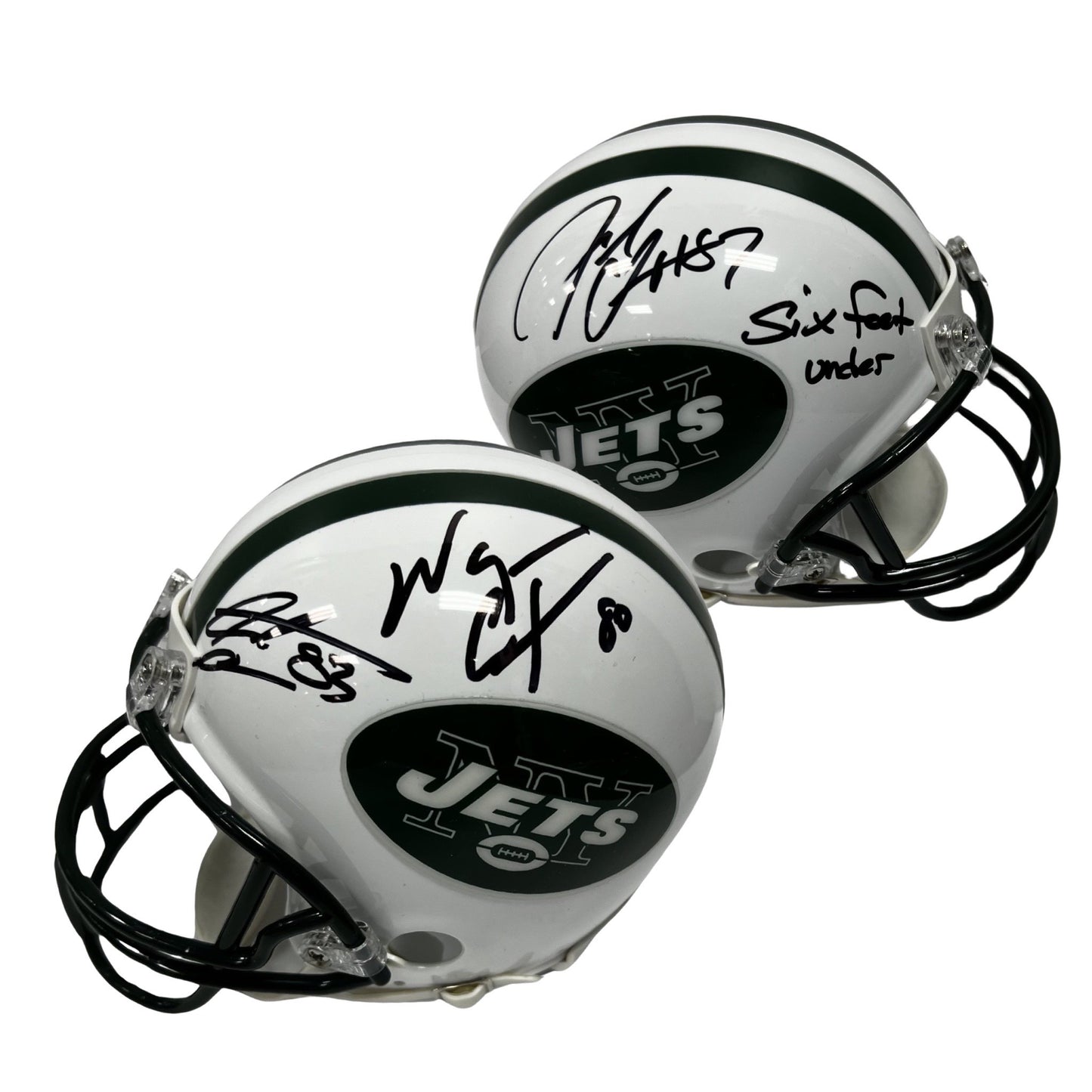 Santana Moss, Wayne Chrebet & Laveranues Coles Autographed New York Jets Speed Mini Helmet "Six Feet Under" Inscription Steiner CX