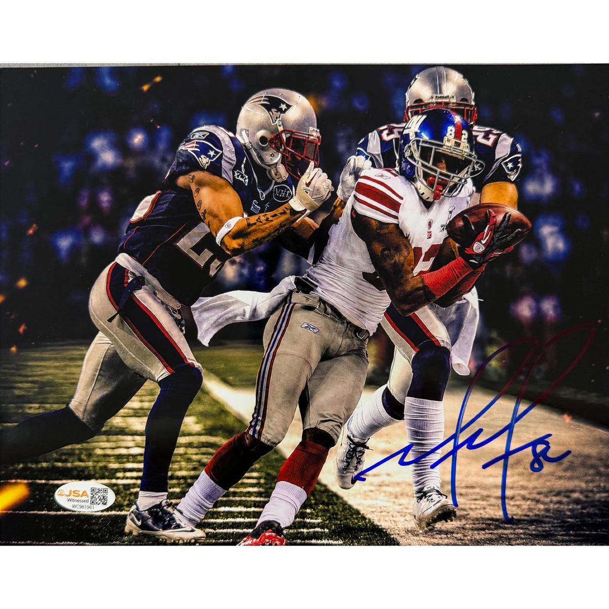 Mario Manningham Autographed New York Giants The Catch Horizontal 8x10 JSA COA