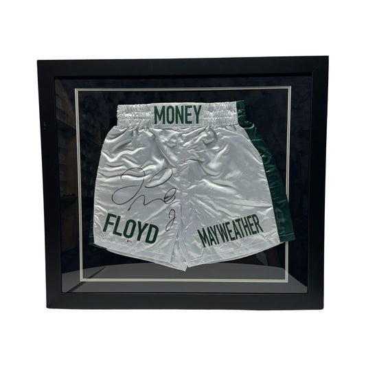 Floyd Mayweather Autographed Money Mayweather White/Green Boxing Trunks Beckett - Framed