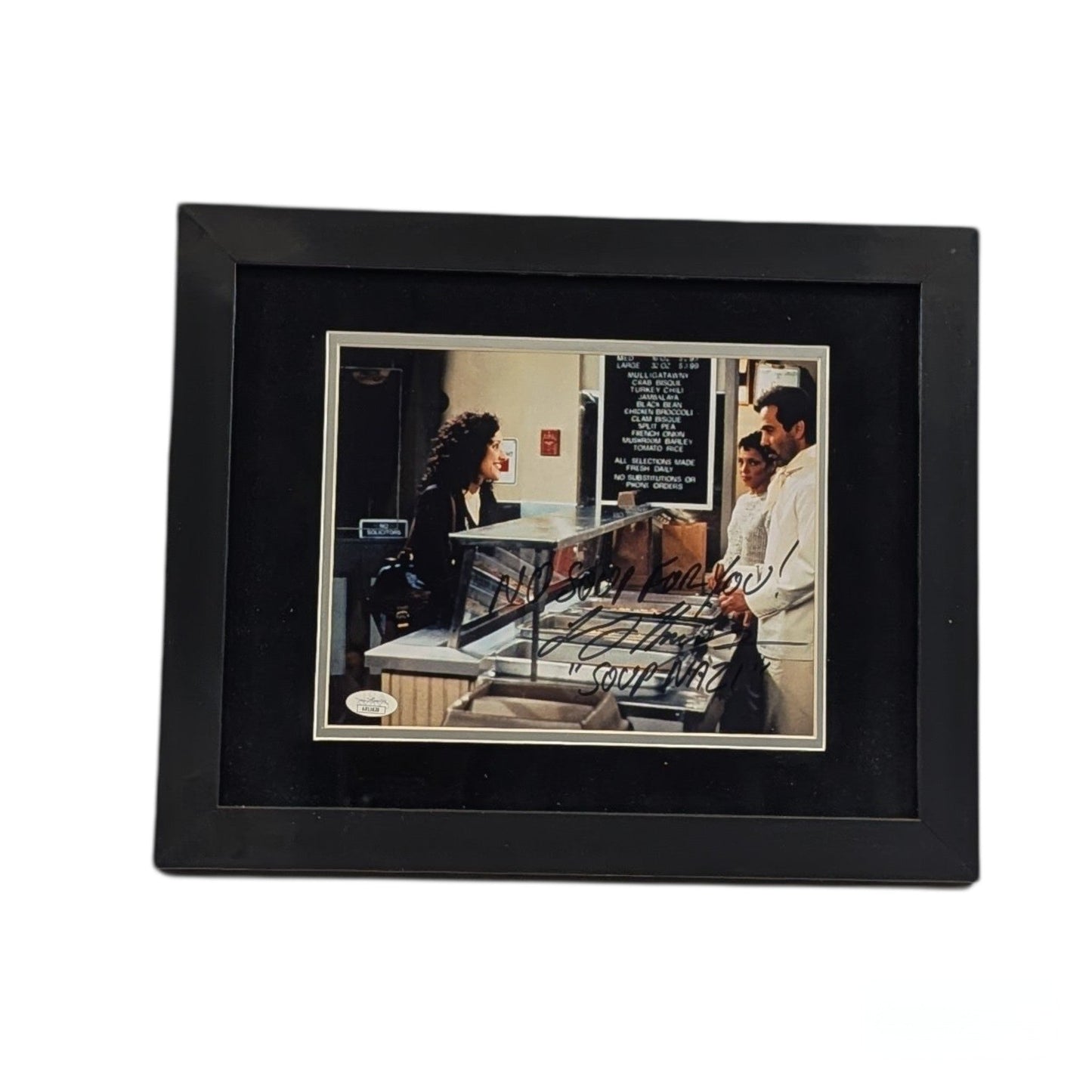 Larry Thomas Autographed Seinfeld Soup Nazi W/ Elaine Framed 8x10 "No Soup For You! & Soup Nazi" Inscription JSA