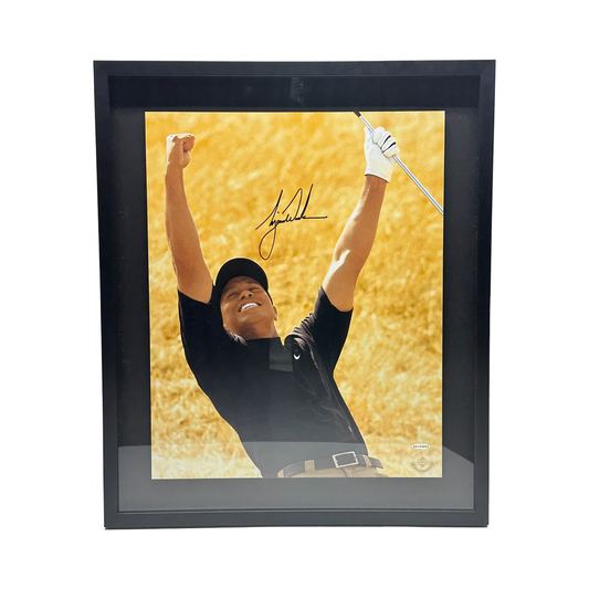 Tiger Woods Autographed Yellow Background Celebration 16x20 Upper Deck - Framed
