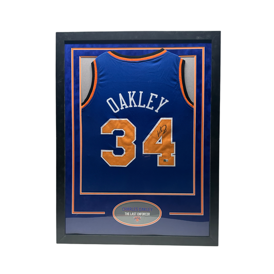 Charles Oakley Autographed New York Knicks Framed Blue Jersey Steiner CX - Oval Nameplate