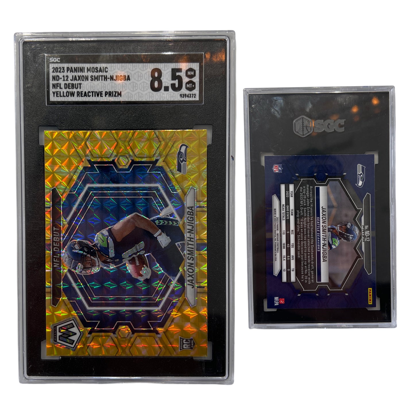 2023 Jaxon Smith-Njigba Panini Mosaic Yellow Reactive PRIZM Rookie SGC 8.5 NM-MT