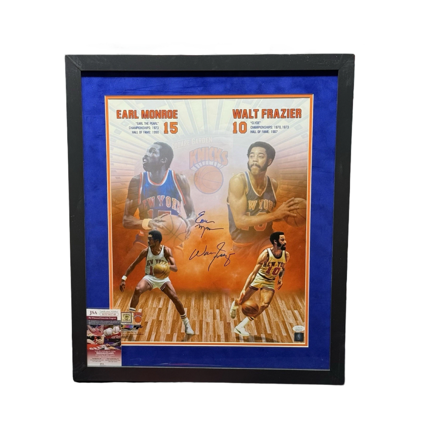 Walt Frazier & Earl Monroe Autographed New York Knicks Vertical 16x20 JSA - Framed
