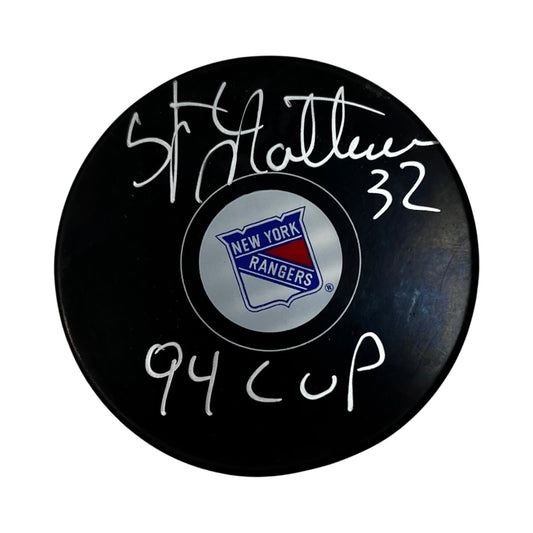 Stephane Matteau Autographed New York Rangers Logo Puck "94 Cup" Inscription Steiner CX
