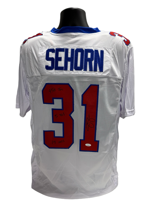 Jason Sehorn Autographed New York Giants "458 TKC, 5 TD's, 19 INT'S" Inscribed White Jersey JSA