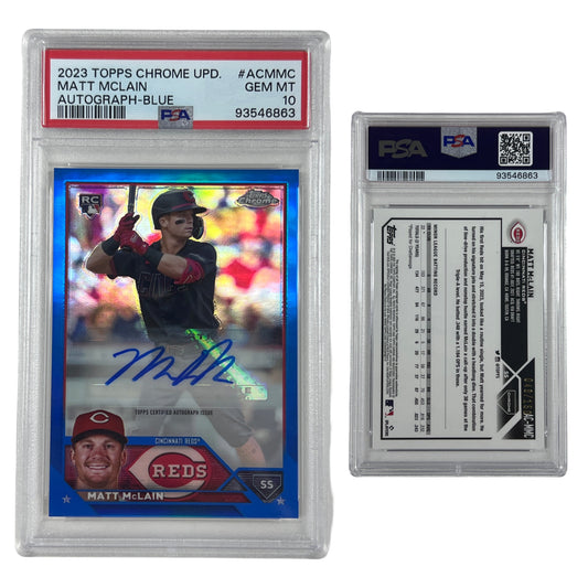 2023 Matt McLain Topps Chrome Update Autograph Blue /150 #ACMMC PSA GEM MT 10