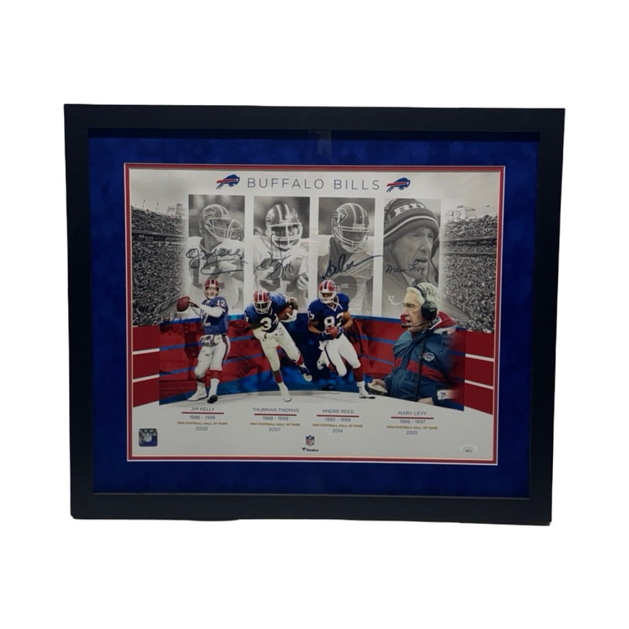 Jim Kelly, Thurman Thomas, Andre Reed & Marv Levy Autographed Framed Buffalo Bills K-Gun Offense 16x20 JSA