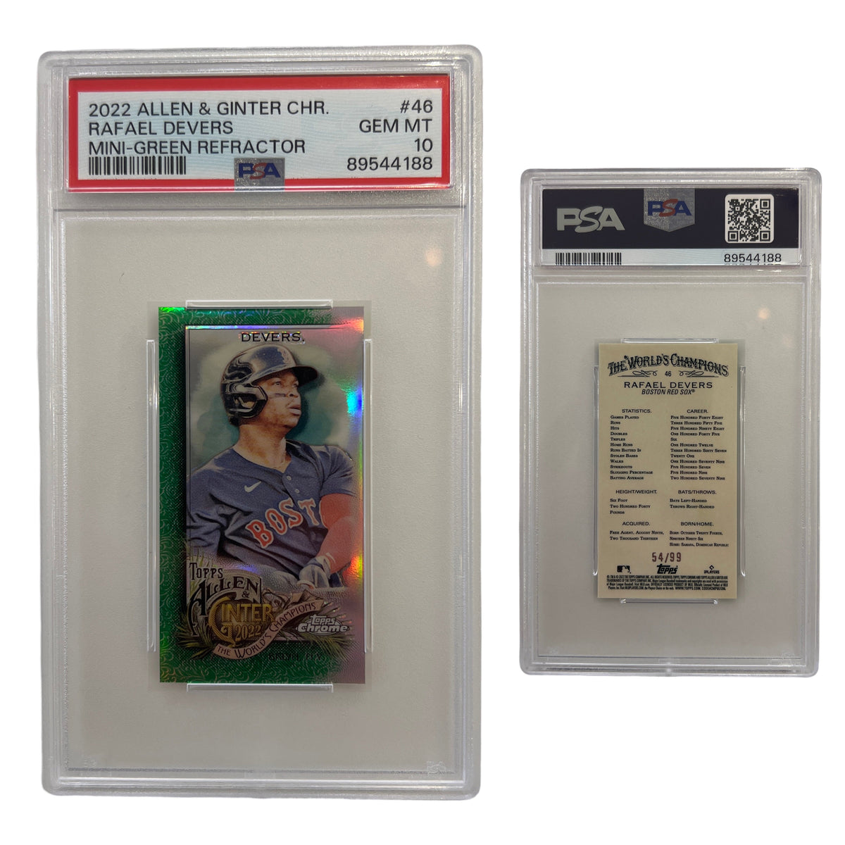 2022 Rafael Devers Allen & Ginter Chrome Mini-Green Refractor /99 #46 PSA GEM MT 10