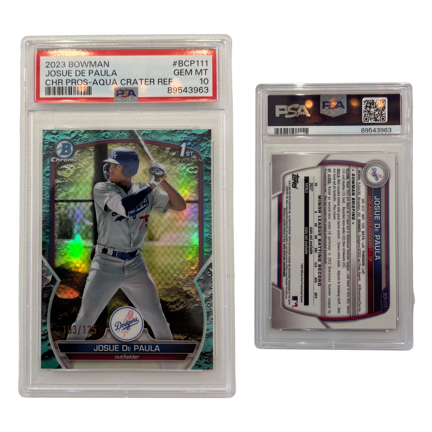 2023 Josue De Paula Bowman Chrome Prospects Aqua Crater Refractor /25 #BCP111 PSA GEM MT 10