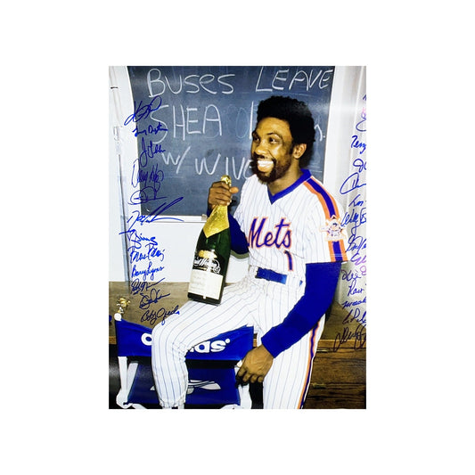 1986 New York Mets Team Autographed Mookie Wilson Champagne 16x20 26 Total Autographs JSA - Unframed