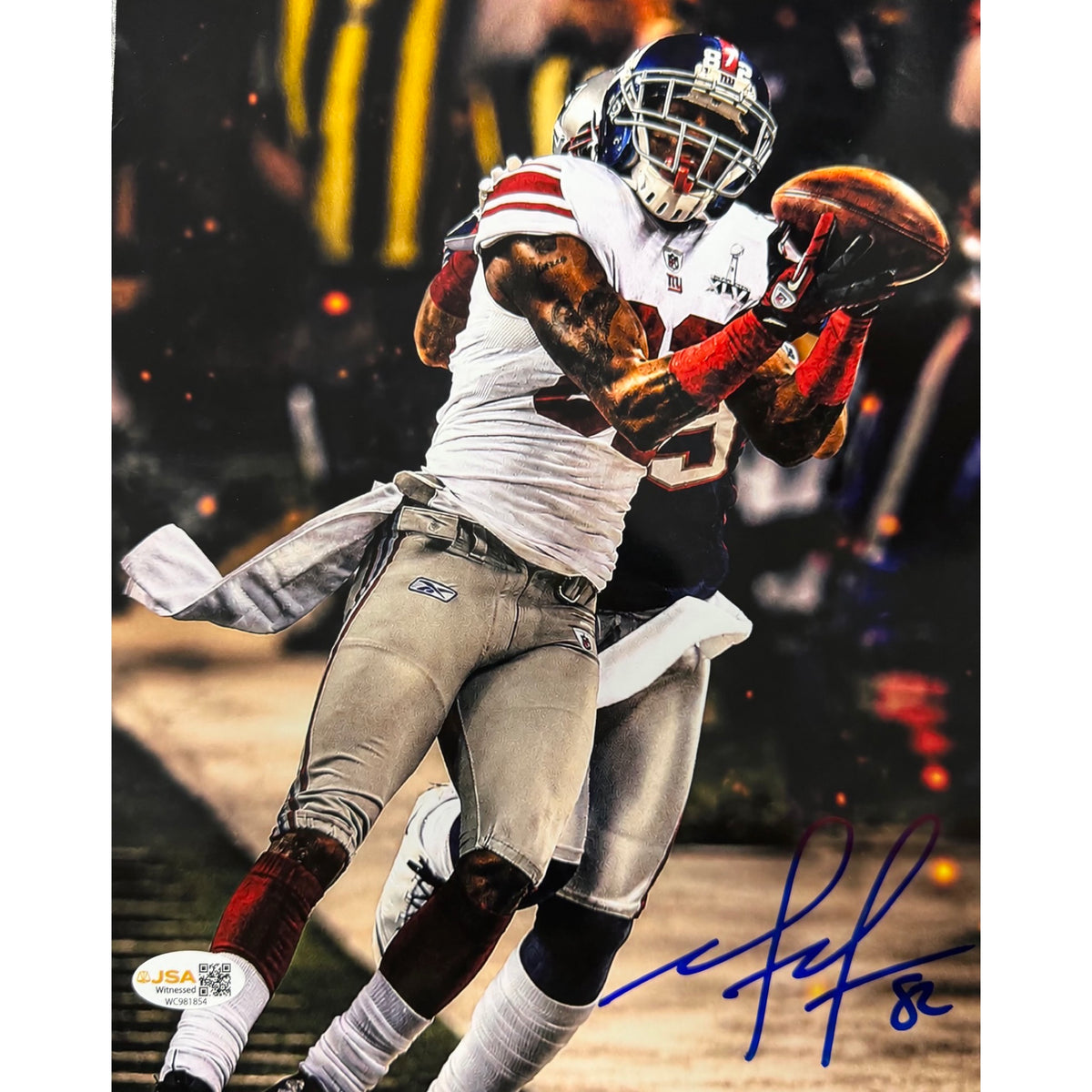 Mario Manningham Autographed New York Giants The Catch Vertical 8x10 JSA COA