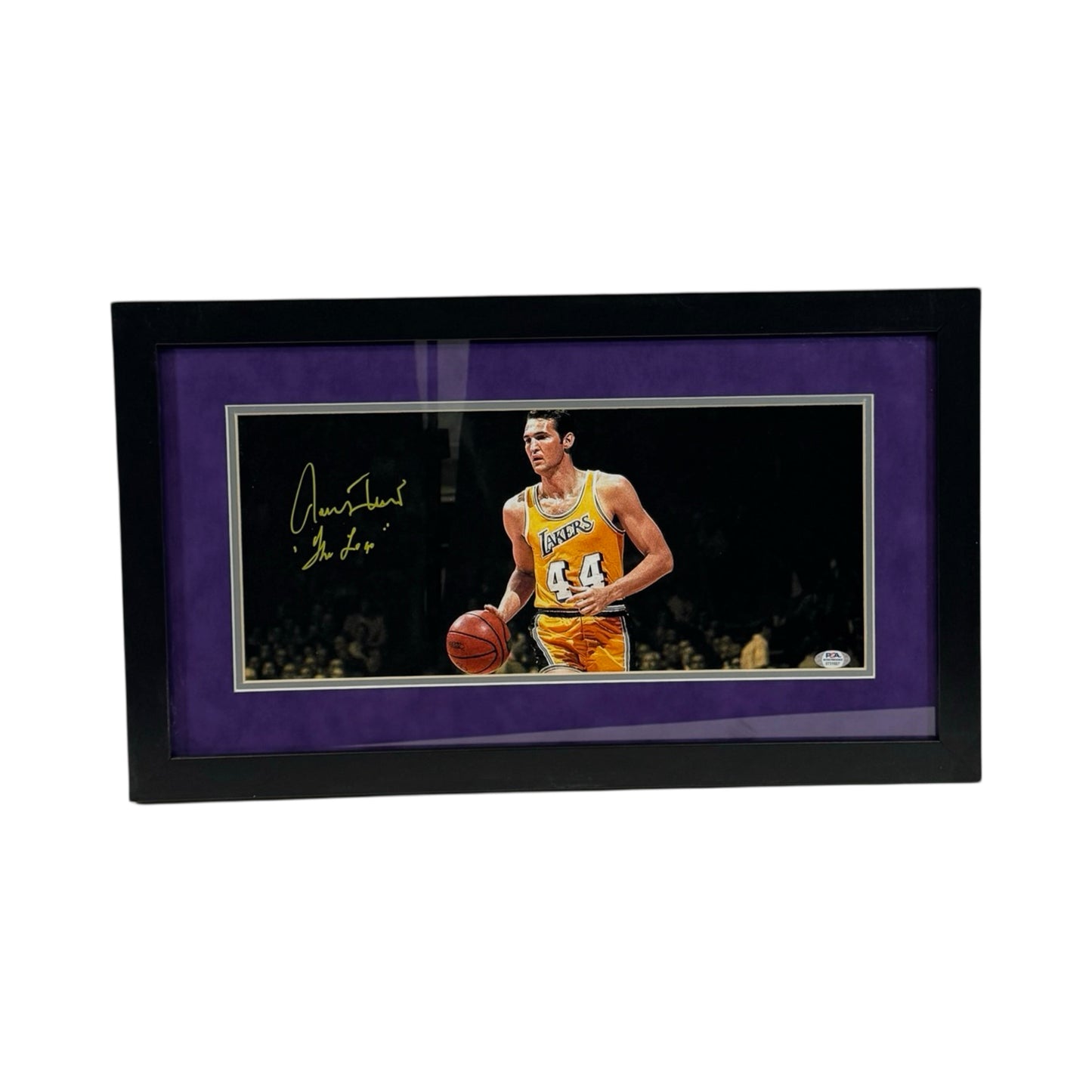Jerry West Autographed Los Angeles Lakers Horizontal Framed 8x18 The Logo Inscription PSA