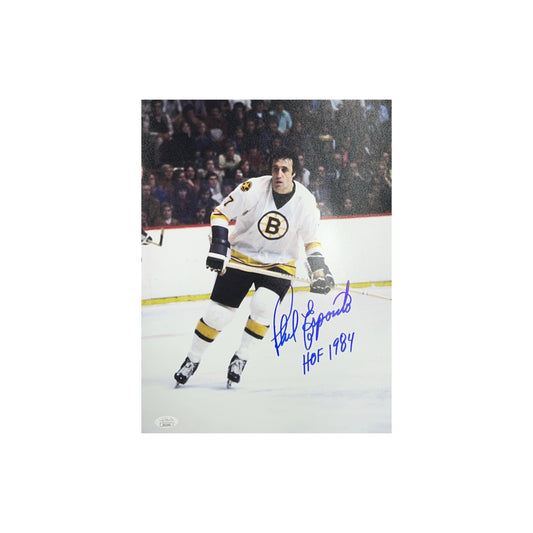 Phil Esposito Autographed Boston Bruins Vertical No Helmet 11x14 "HOF 1984" Inscription JSA