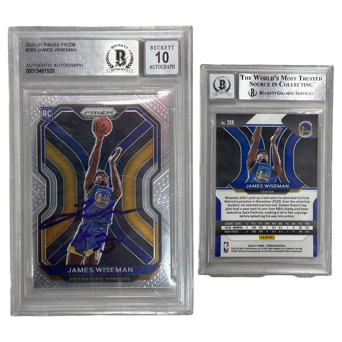 2020-21 James Wiseman Panini Prizm #268 Beckett 10 Auto