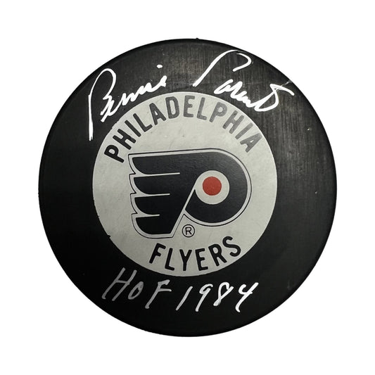 Bernie Parent Autographed Philadelphia Flyers Logo Puck "HOF 1984" Inscription JSA